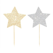 Load image into Gallery viewer, Gold &amp; Silver Reversible Glitter Star Cupcake Toppers
