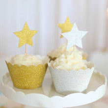 Load image into Gallery viewer, Gold &amp; Silver Reversible Glitter Star Cupcake Toppers

