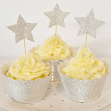Load image into Gallery viewer, Gold &amp; Silver Reversible Glitter Star Cupcake Toppers
